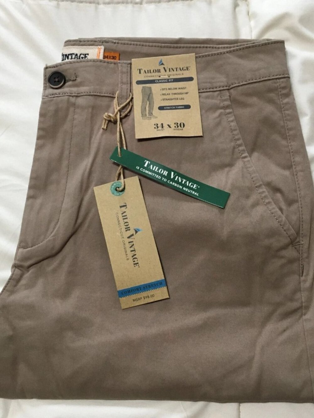 TAILOR VINTAGE Mens 34X30 Classic Fit Fallen Rock Cotton Chino Pants- NWT